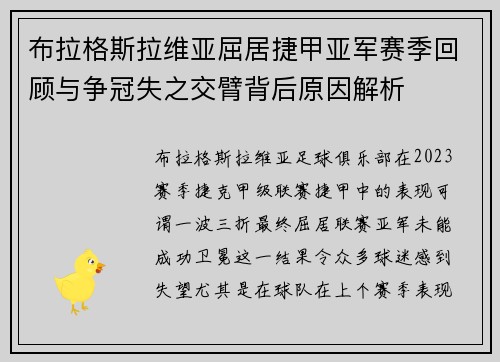 布拉格斯拉维亚屈居捷甲亚军赛季回顾与争冠失之交臂背后原因解析 布拉格斯拉维亚屈居捷甲亚军赛季回顾与争冠失之交臂背后原因解析